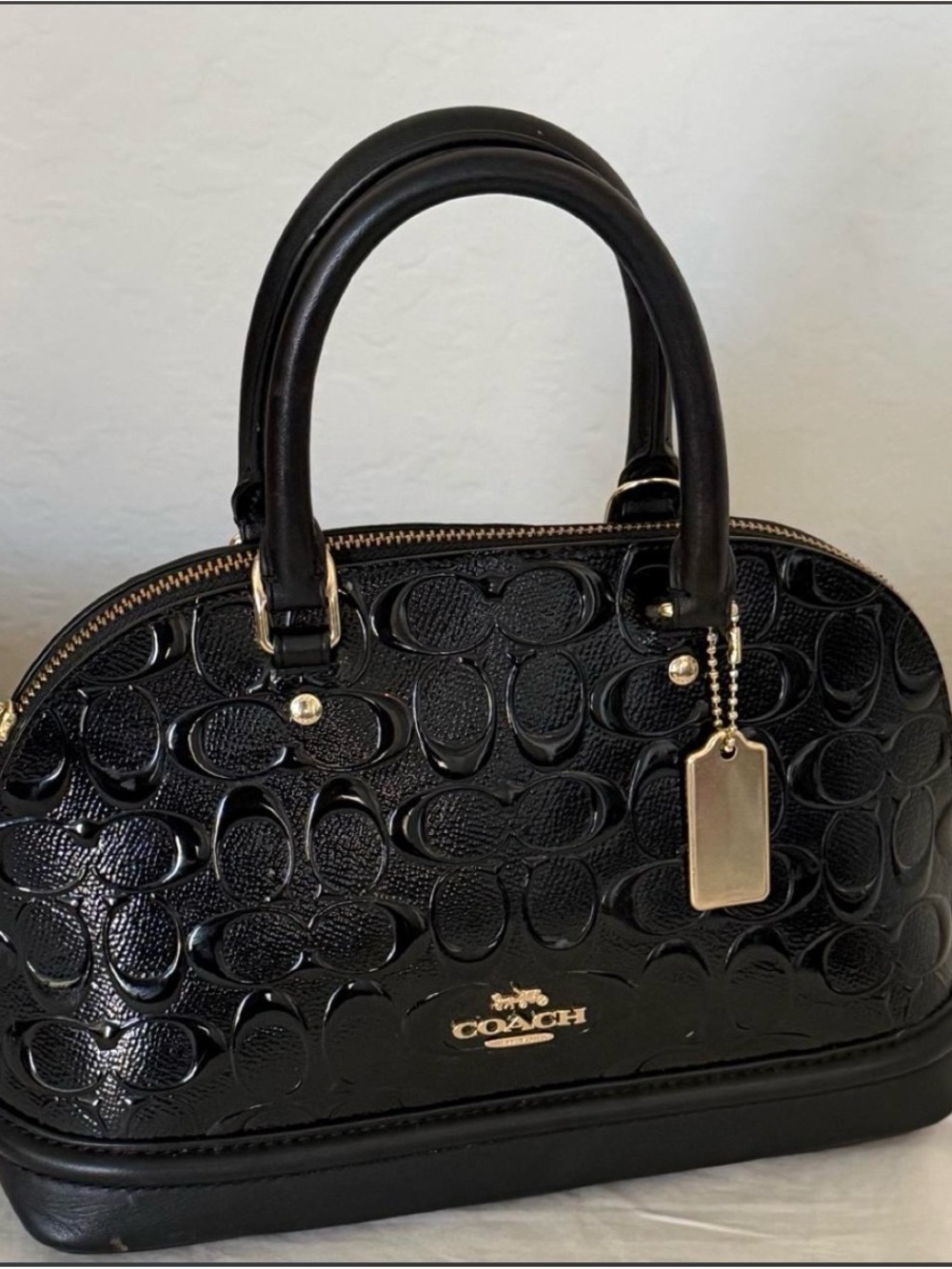 COACH Black Patent Signature Dome Satchel with Gold Hardware